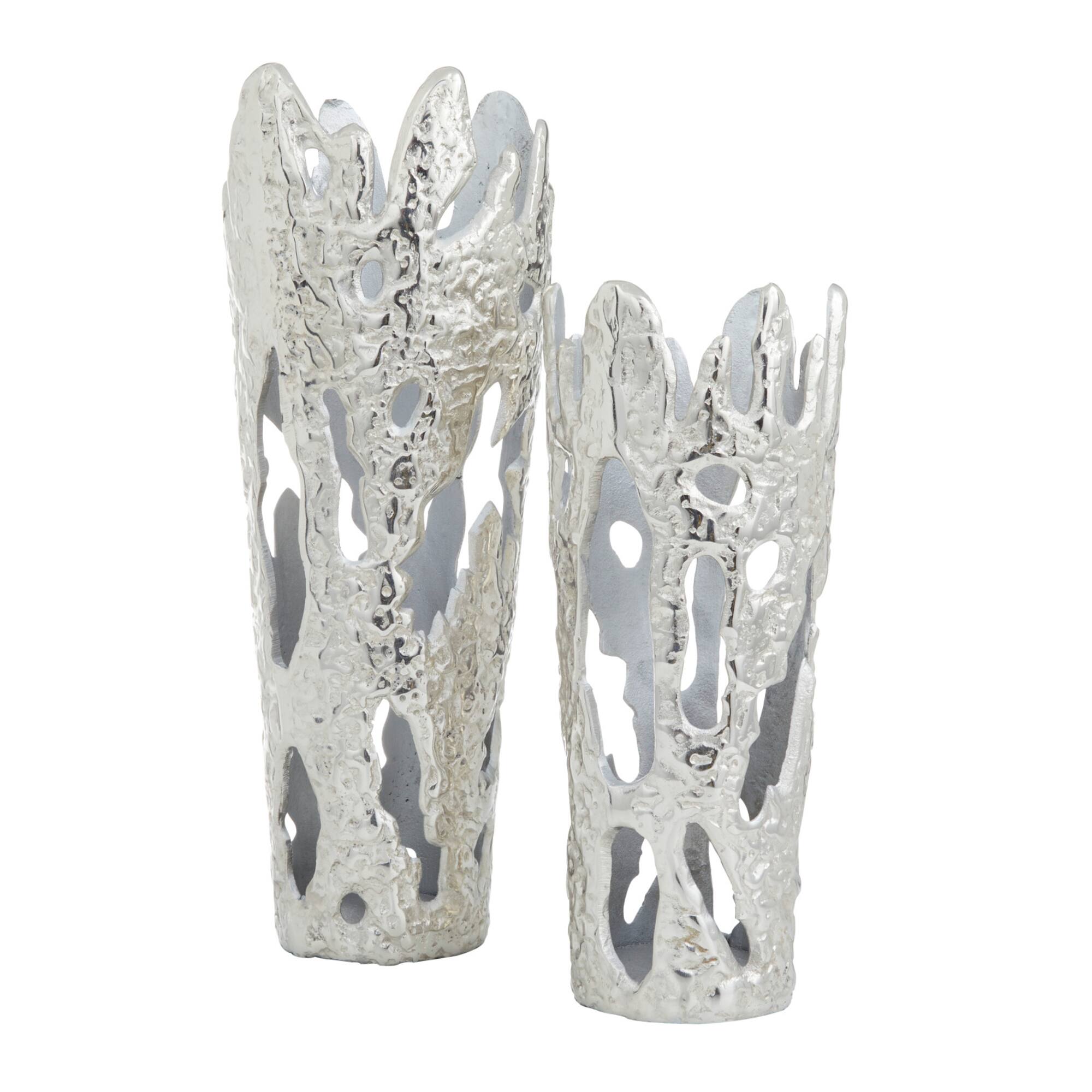 Set of 2" Silver Aluminum Contemporary Vases, 20" x 7" x 6"